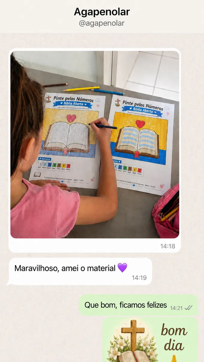 Conversa no WhatsApp: mãe manda foto da filha pintando a atividade Bíblia Aberta e escreve 'Maravilhoso, amei o material'