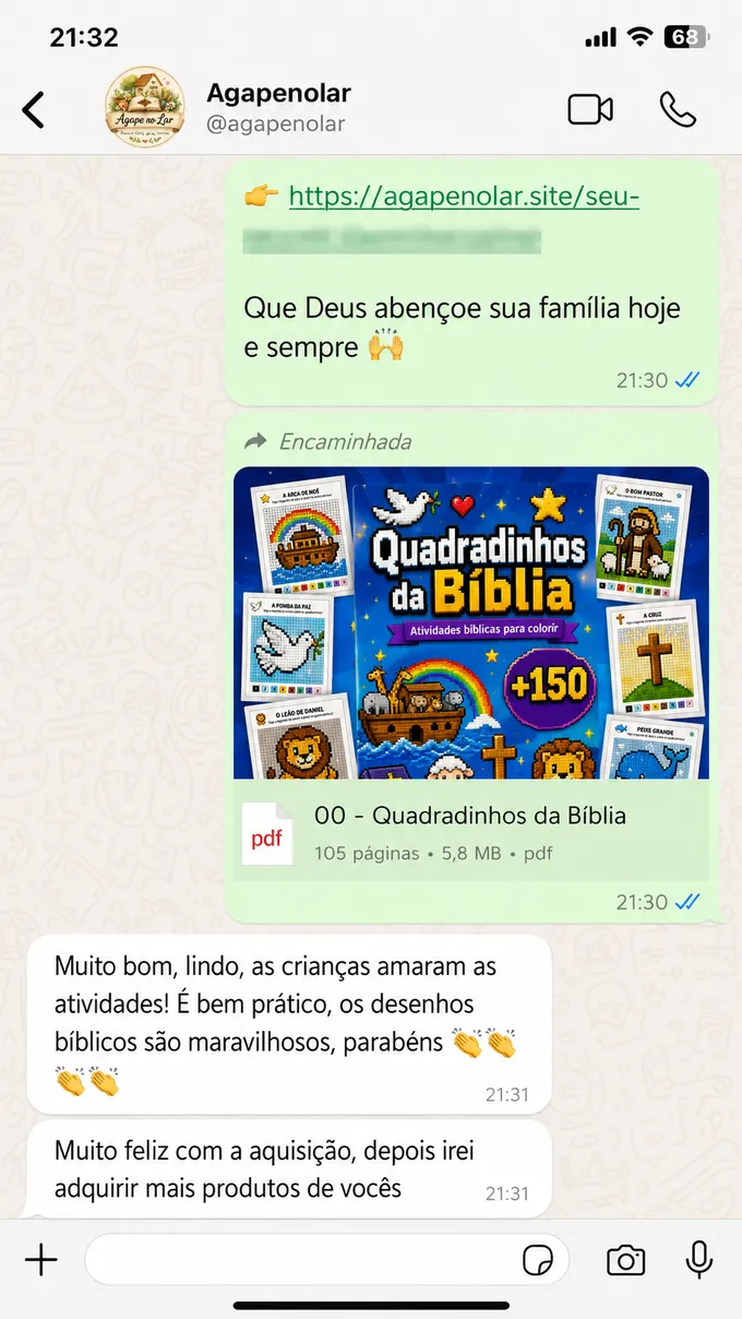 Conversa no WhatsApp: mãe diz que as crianças amaram as atividades, que é bem prático e os desenhos bíblicos são maravilhosos, e que vai adquirir mais produtos