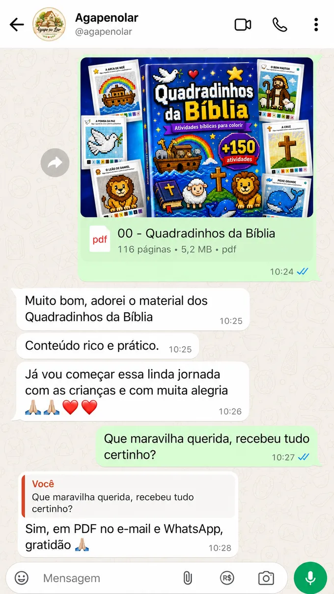 Conversa no WhatsApp: mãe diz que adorou o material dos Quadradinhos da Bíblia, conteúdo rico e prático, e que já vai começar a jornada com as crianças