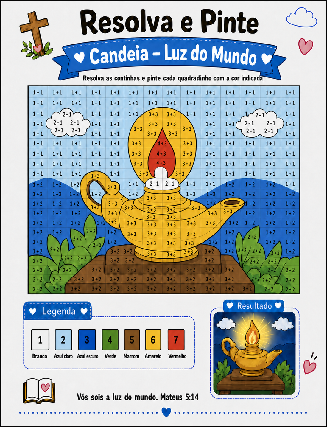 Atividade Resolva e Pinte da Candeia, a Luz do Mundo, finalizada e colorida