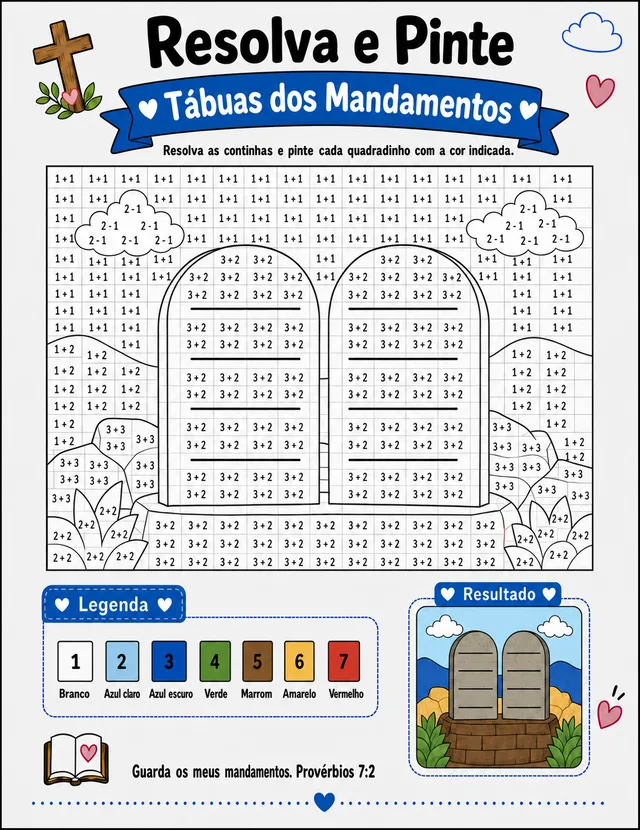 Atividade Resolva e Pinte das Tábuas dos Mandamentos, em branco com as continhas pra resolver