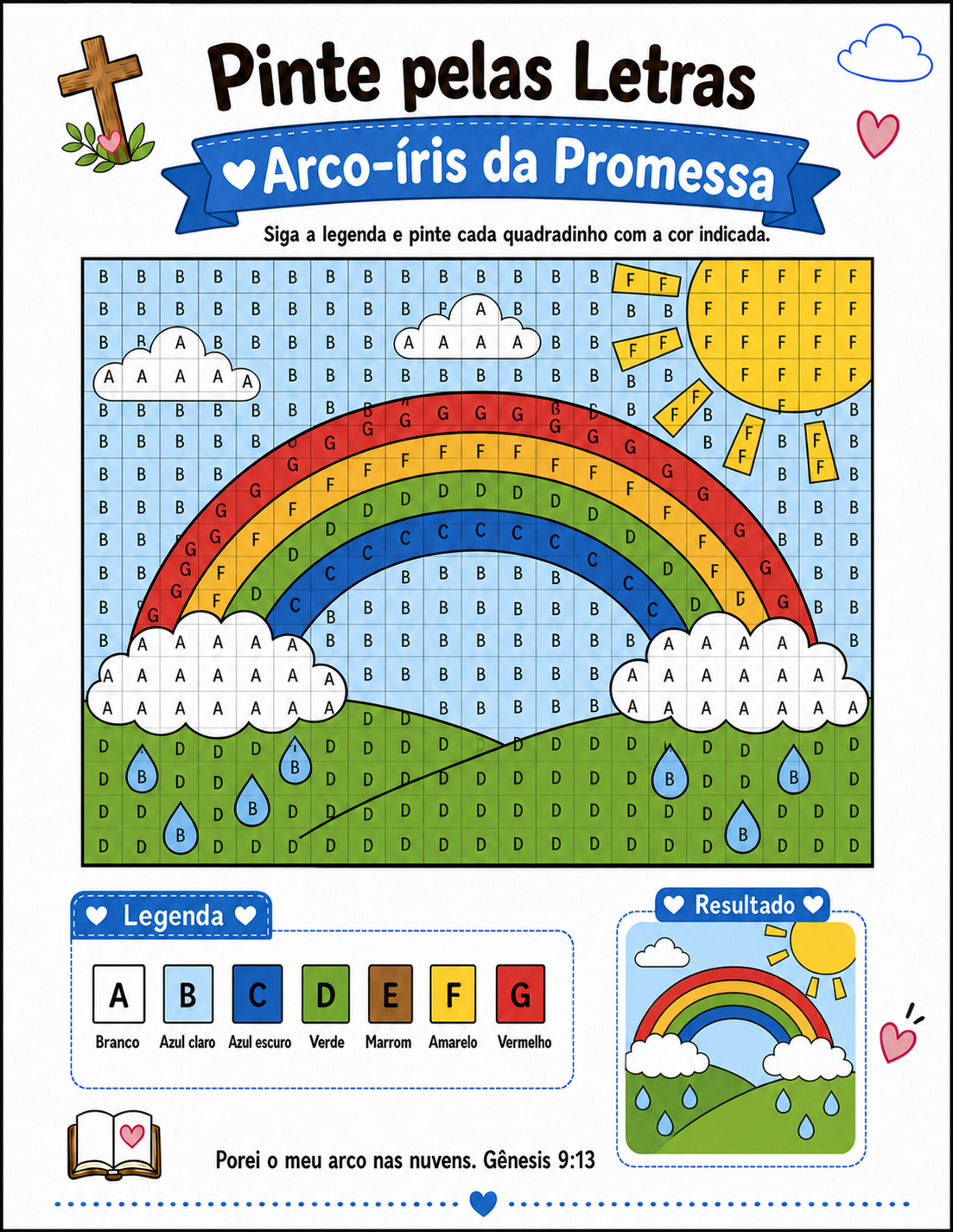 Atividade Pinte pelas Letras do Arco-íris da Promessa finalizada e colorida