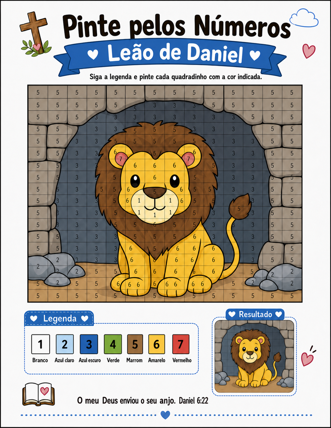 Atividade Pinte pelos Números do Leão de Daniel finalizada e colorida