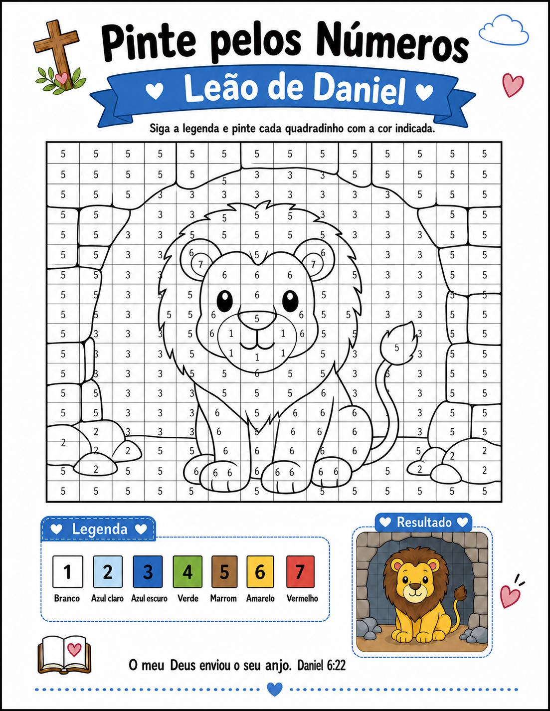 Atividade Pinte pelos Números do Leão de Daniel em branco, pronta pra colorir