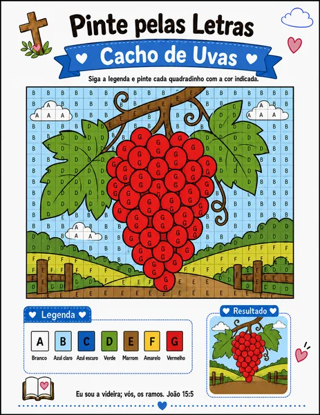 Cacho de uvas pintado em pixel art na Bíblia em quadradinhos