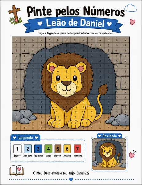 Leão de Daniel pintado em pixel art na Bíblia em quadradinhos