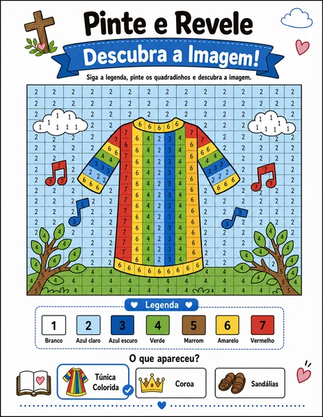 Túnica colorida de José pintada em pixel art na Bíblia em quadradinhos