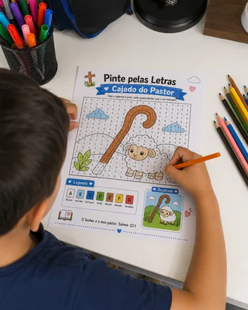 Criança usando a Bíblia em quadradinhos impressa