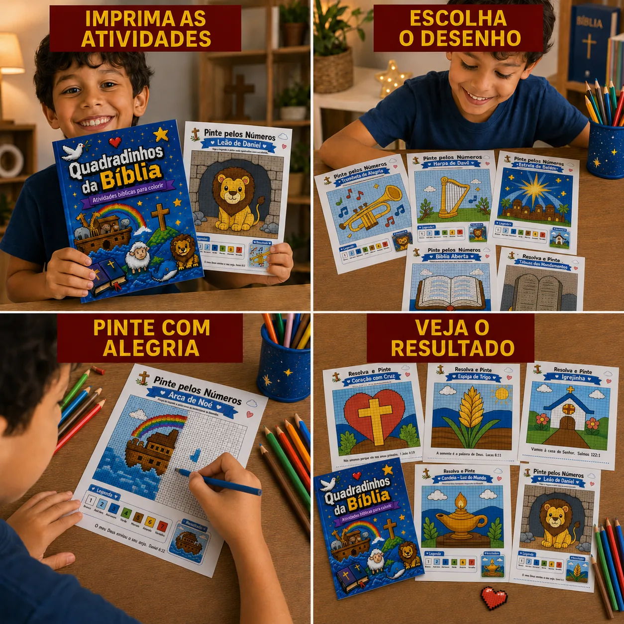 Como usar em 4 passos: imprima as atividades, escolha o desenho, pinte com alegria e veja o resultado
