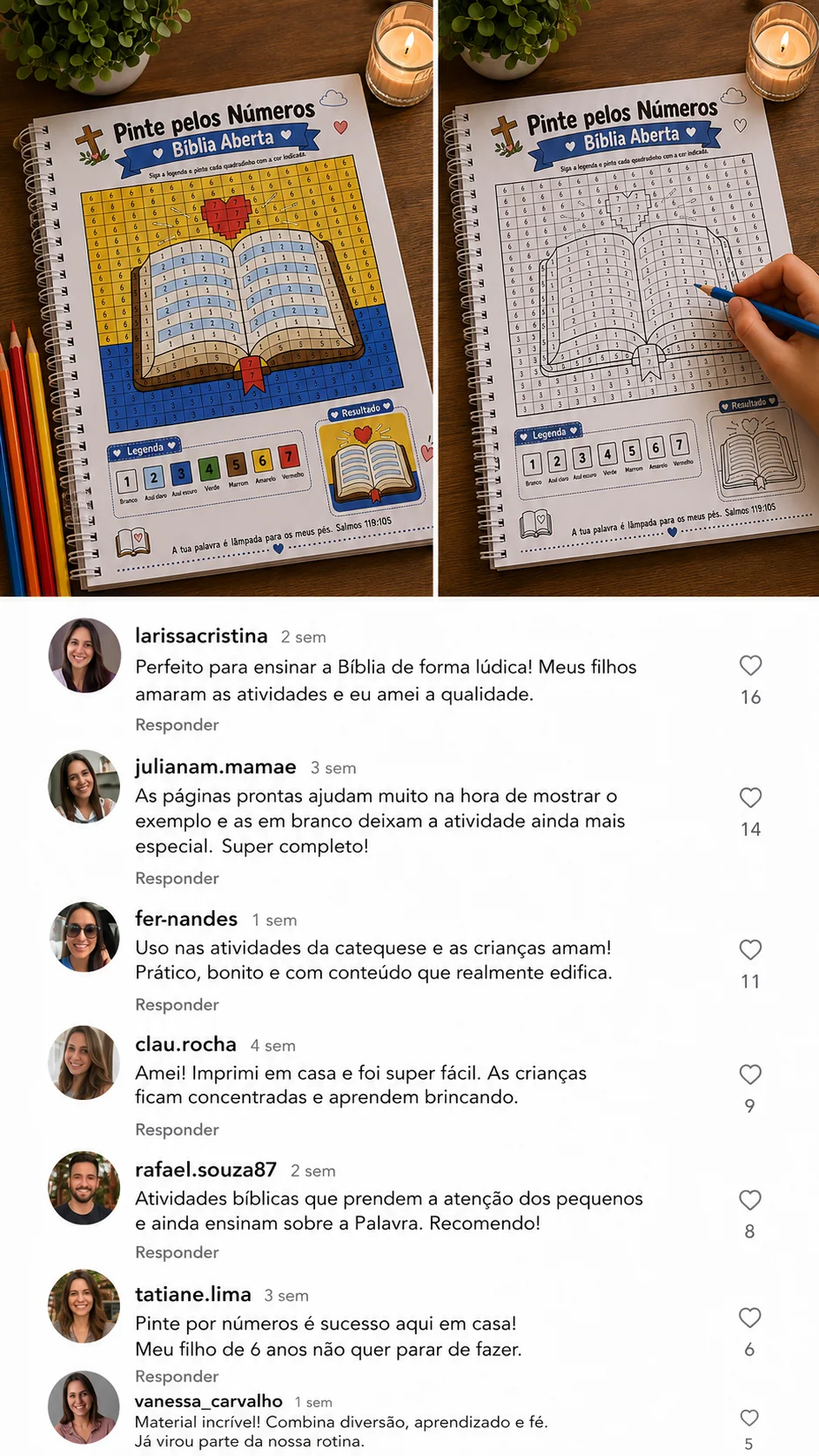 Atividade Pinte pelos Números da Bíblia Aberta e comentários de mães no Instagram elogiando a Bíblia em quadradinhos
